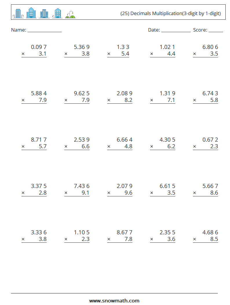 (25) Decimals Multiplication(3-digit by 1-digit) Maths Worksheets 13