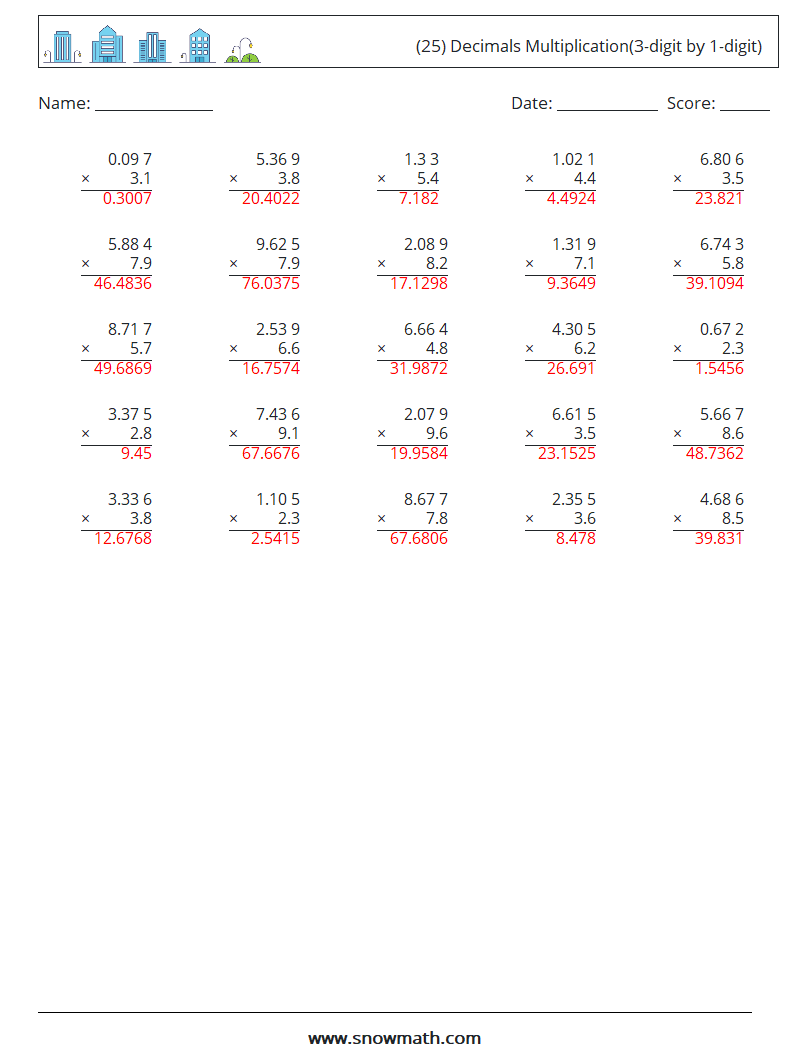 (25) Decimals Multiplication(3-digit by 1-digit) Maths Worksheets 13 Question, Answer