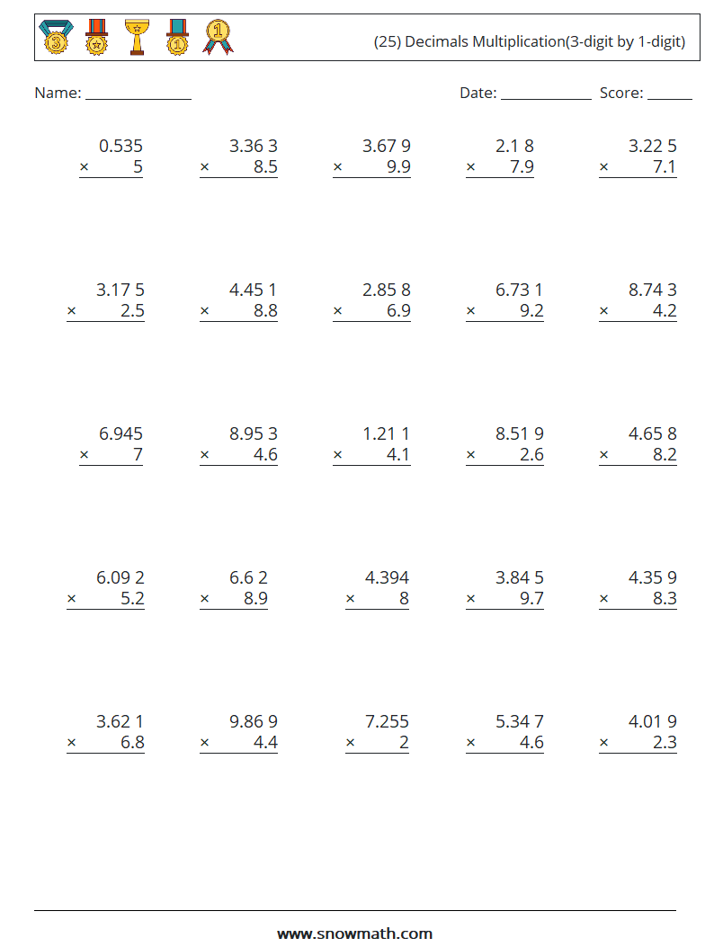 (25) Decimals Multiplication(3-digit by 1-digit) Maths Worksheets 15