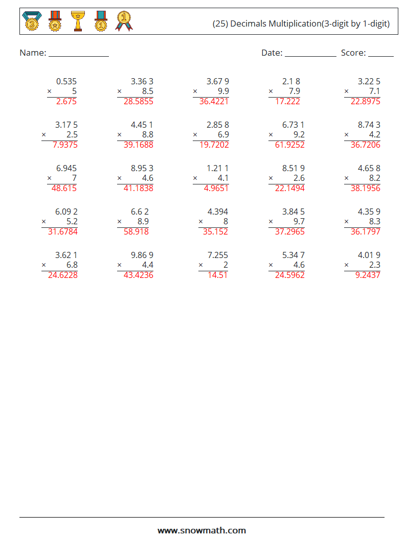 (25) Decimals Multiplication(3-digit by 1-digit) Maths Worksheets 15 Question, Answer