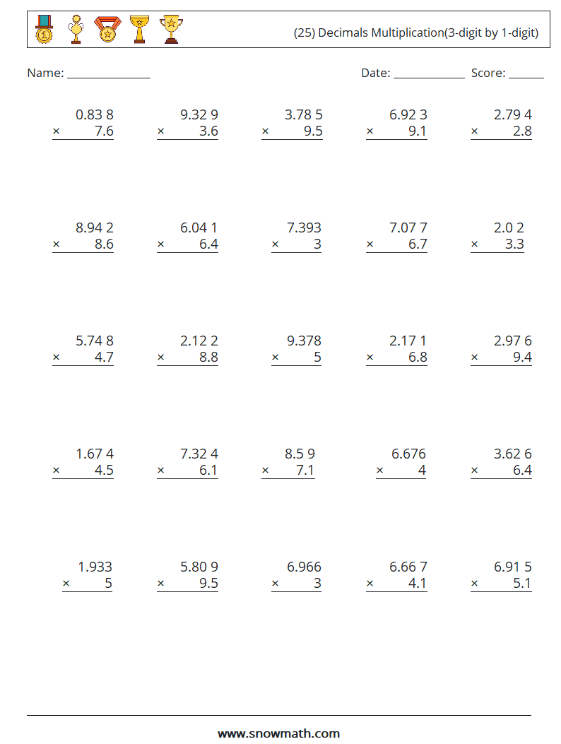 (25) Decimals Multiplication(3-digit by 1-digit) Maths Worksheets 17
