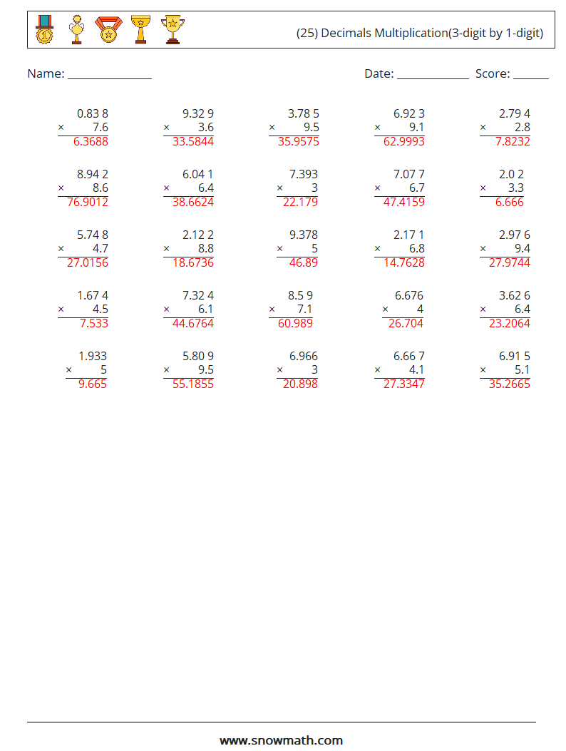 (25) Decimals Multiplication(3-digit by 1-digit) Maths Worksheets 17 Question, Answer