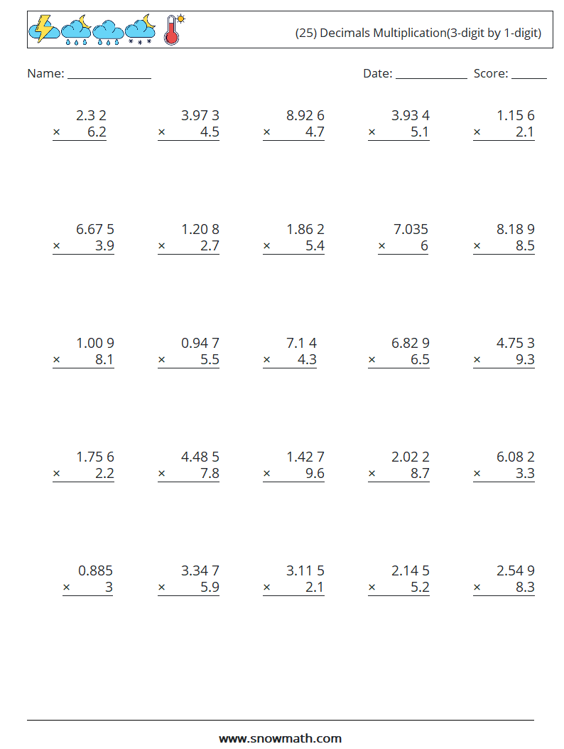 (25) Decimals Multiplication(3-digit by 1-digit) Maths Worksheets 2