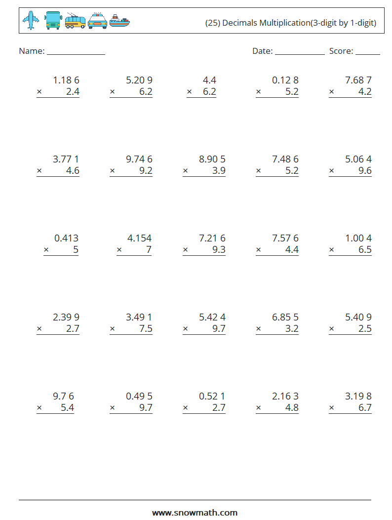 (25) Decimals Multiplication(3-digit by 1-digit) Maths Worksheets 3