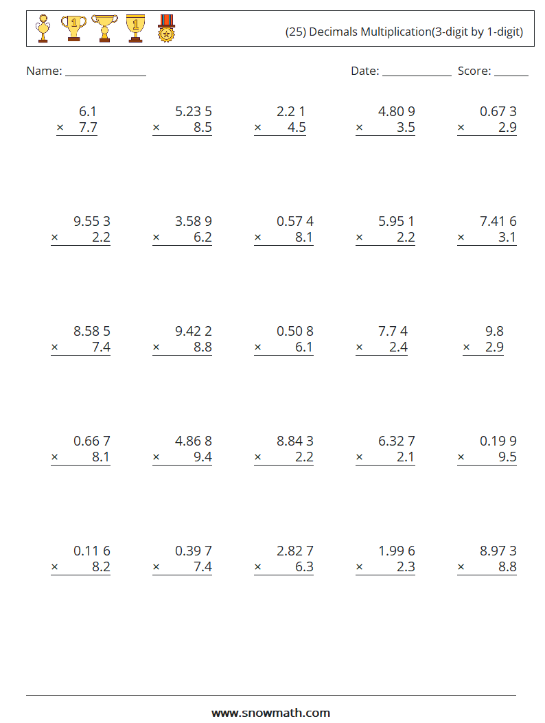(25) Decimals Multiplication(3-digit by 1-digit) Maths Worksheets 4