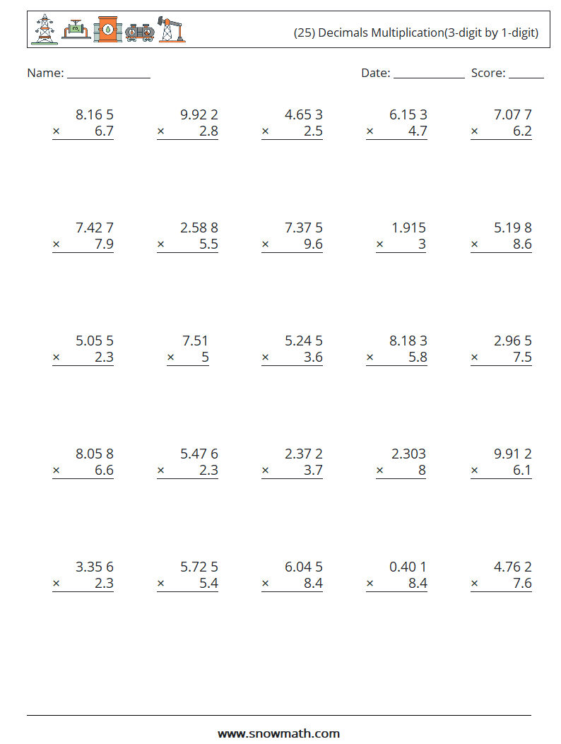 (25) Decimals Multiplication(3-digit by 1-digit) Maths Worksheets 5