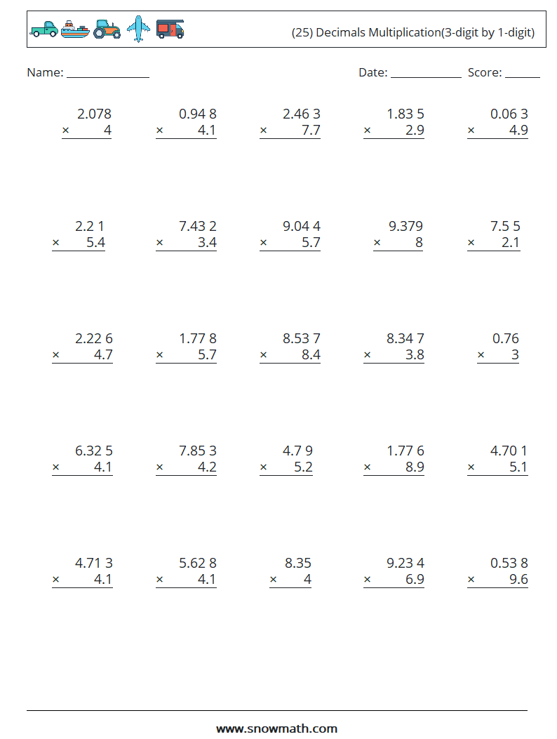 (25) Decimals Multiplication(3-digit by 1-digit) Maths Worksheets 6