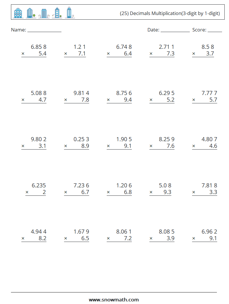 (25) Decimals Multiplication(3-digit by 1-digit) Maths Worksheets 8