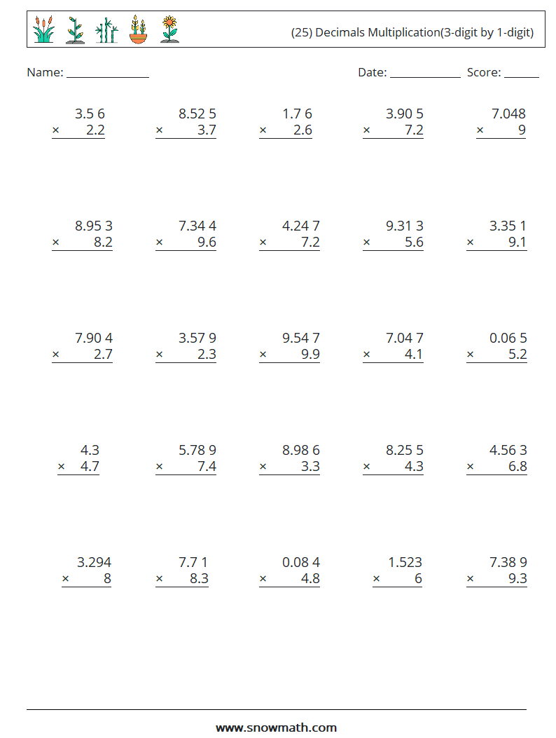 (25) Decimals Multiplication(3-digit by 1-digit) Maths Worksheets 9