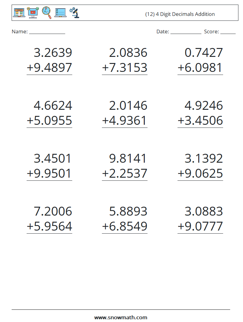 (12) 4 Digit Decimals Addition Maths Worksheets 10