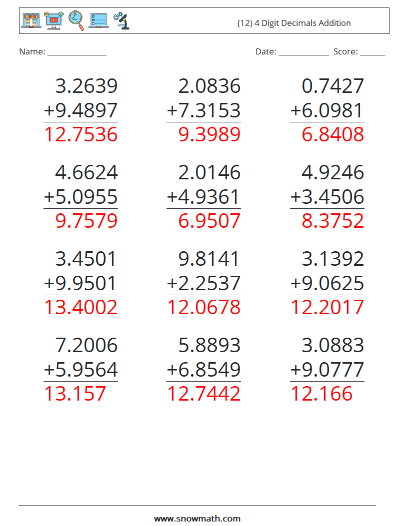 (12) 4 Digit Decimals Addition Maths Worksheets 10 Question, Answer