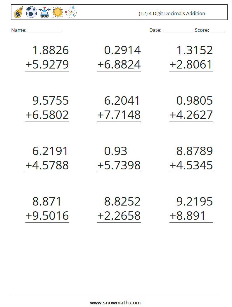 (12) 4 Digit Decimals Addition Maths Worksheets 11