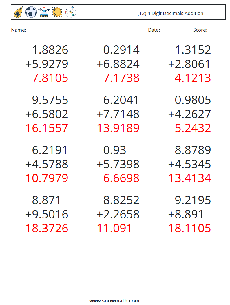 (12) 4 Digit Decimals Addition Maths Worksheets 11 Question, Answer