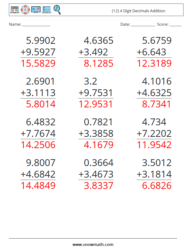(12) 4 Digit Decimals Addition Maths Worksheets 12 Question, Answer