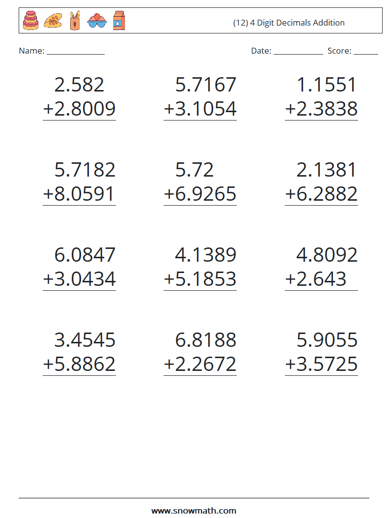 (12) 4 Digit Decimals Addition Maths Worksheets 13