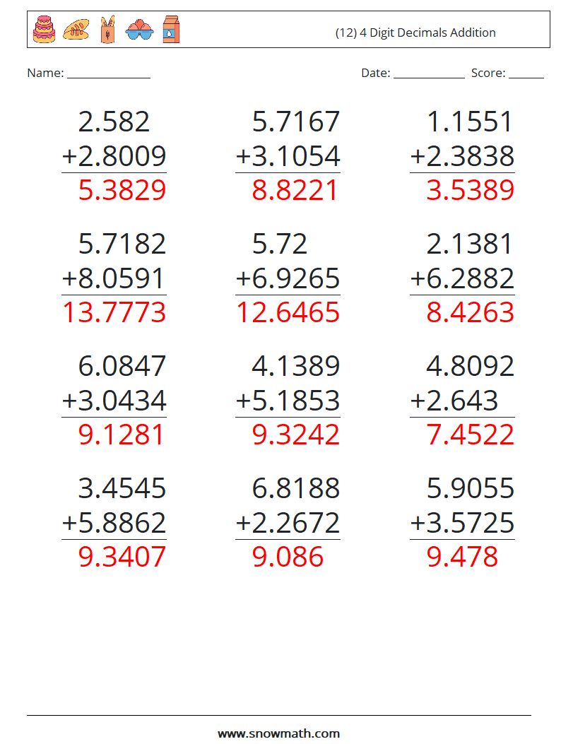 (12) 4 Digit Decimals Addition Maths Worksheets 13 Question, Answer