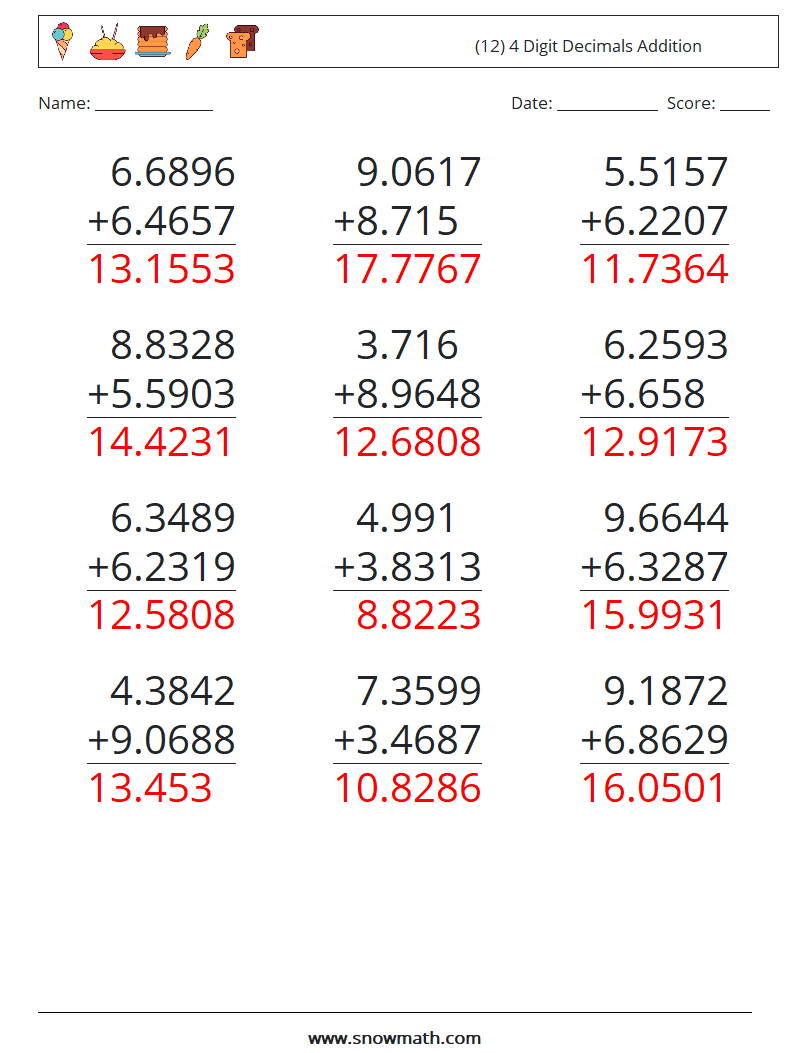 (12) 4 Digit Decimals Addition Maths Worksheets 14 Question, Answer
