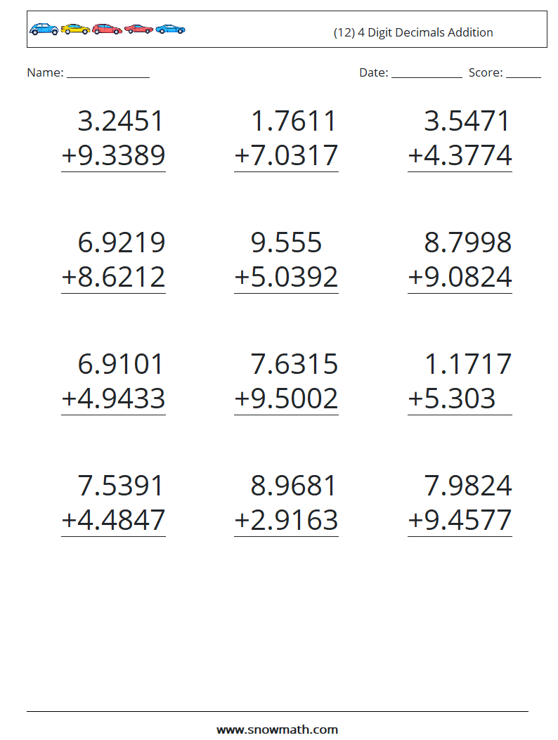 (12) 4 Digit Decimals Addition Maths Worksheets 15