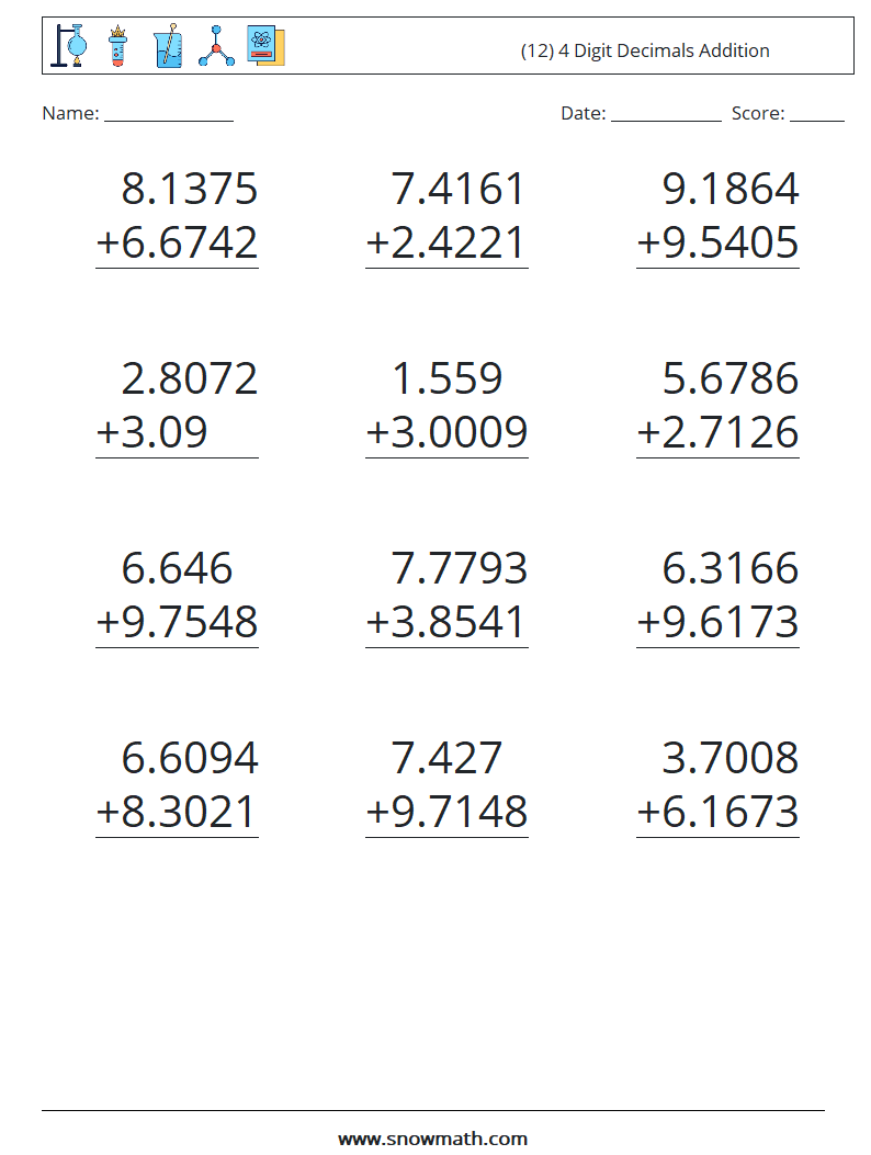 (12) 4 Digit Decimals Addition Maths Worksheets 16