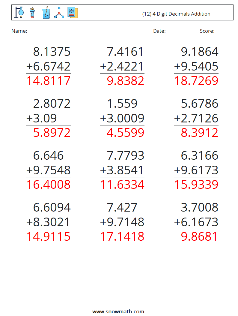 (12) 4 Digit Decimals Addition Maths Worksheets 16 Question, Answer