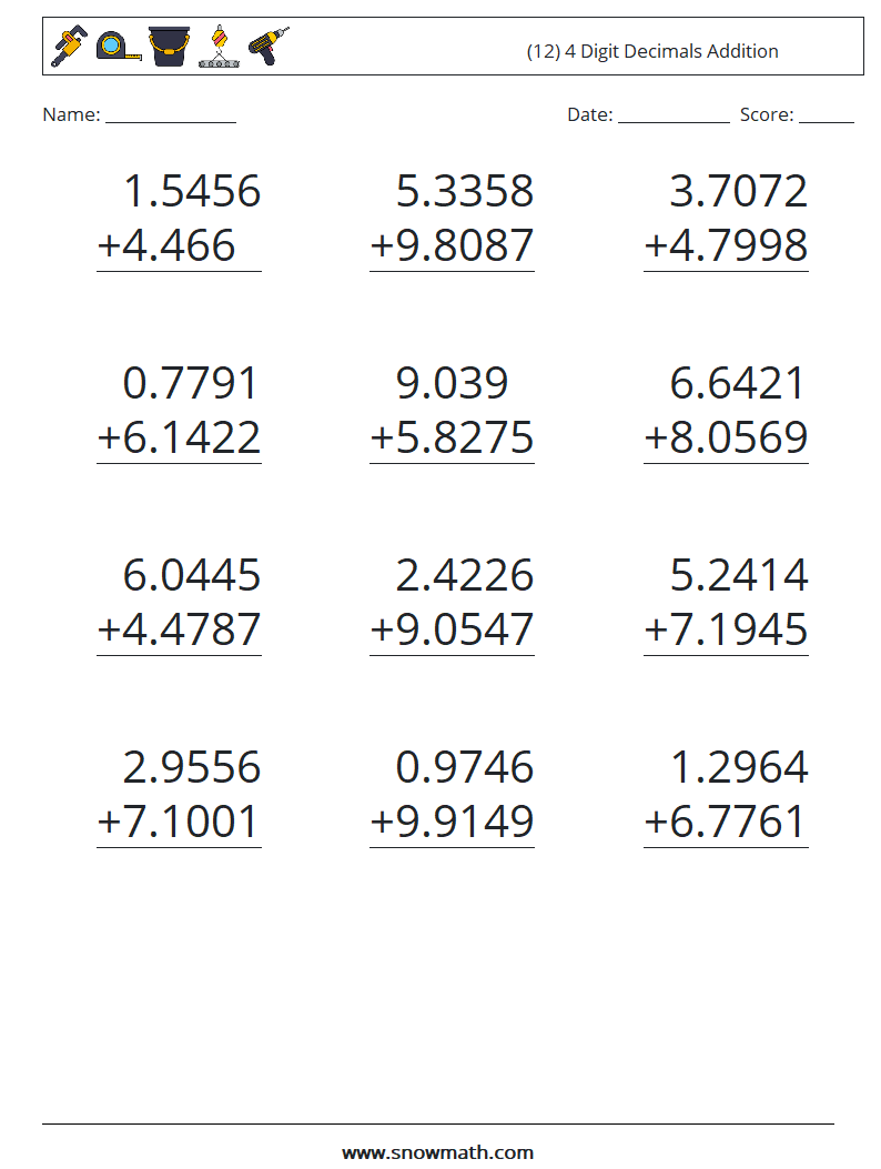 (12) 4 Digit Decimals Addition Maths Worksheets 17