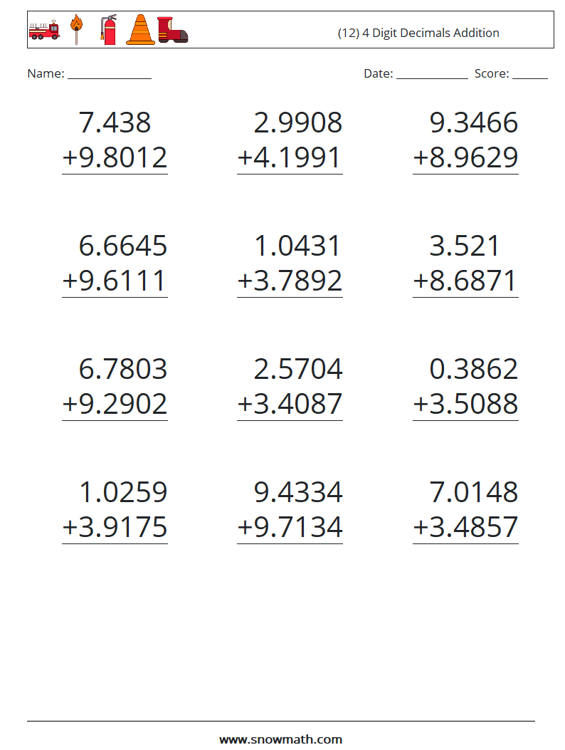 (12) 4 Digit Decimals Addition Maths Worksheets 18