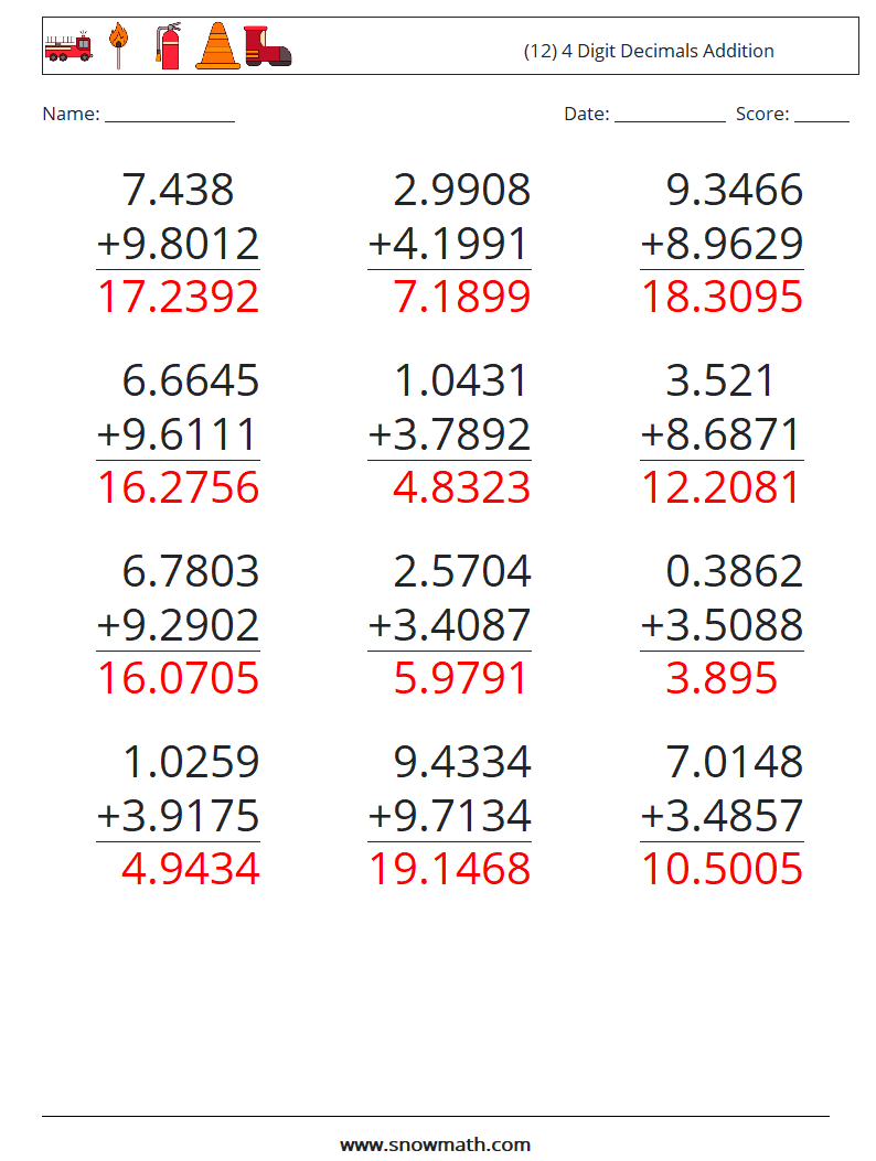 (12) 4 Digit Decimals Addition Maths Worksheets 18 Question, Answer