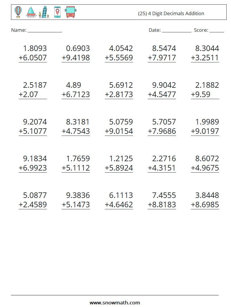(25) 4 Digit Decimals Addition Maths Worksheets 1