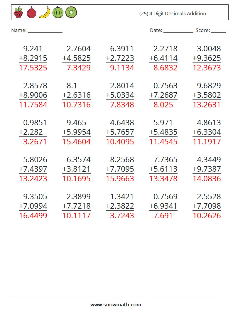 (25) 4 Digit Decimals Addition Maths Worksheets 10 Question, Answer