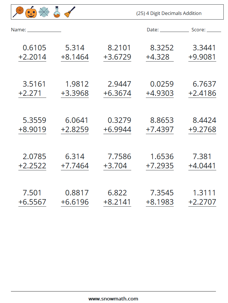 (25) 4 Digit Decimals Addition Maths Worksheets 11