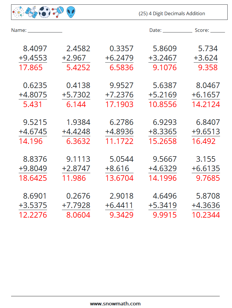 (25) 4 Digit Decimals Addition Maths Worksheets 12 Question, Answer