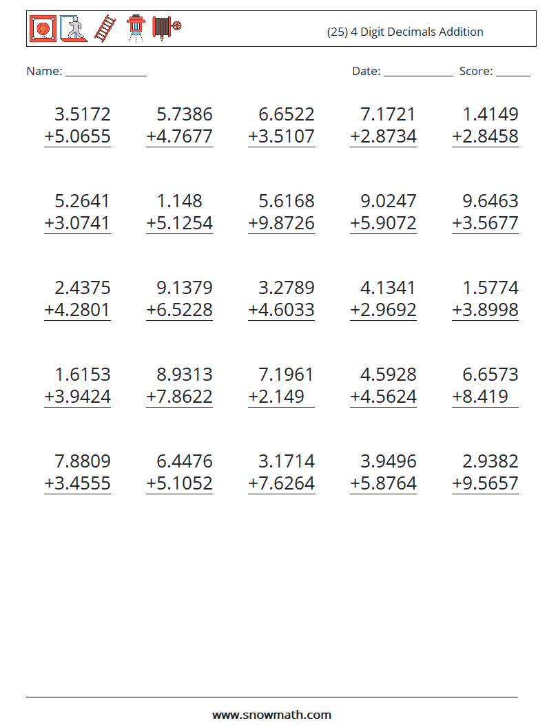 (25) 4 Digit Decimals Addition Maths Worksheets 15