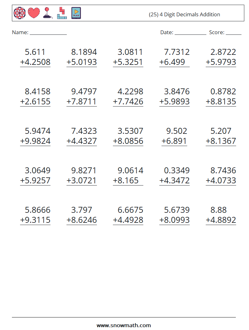 (25) 4 Digit Decimals Addition Maths Worksheets 17