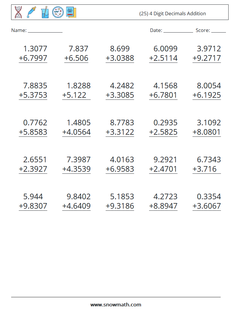 (25) 4 Digit Decimals Addition Maths Worksheets 3