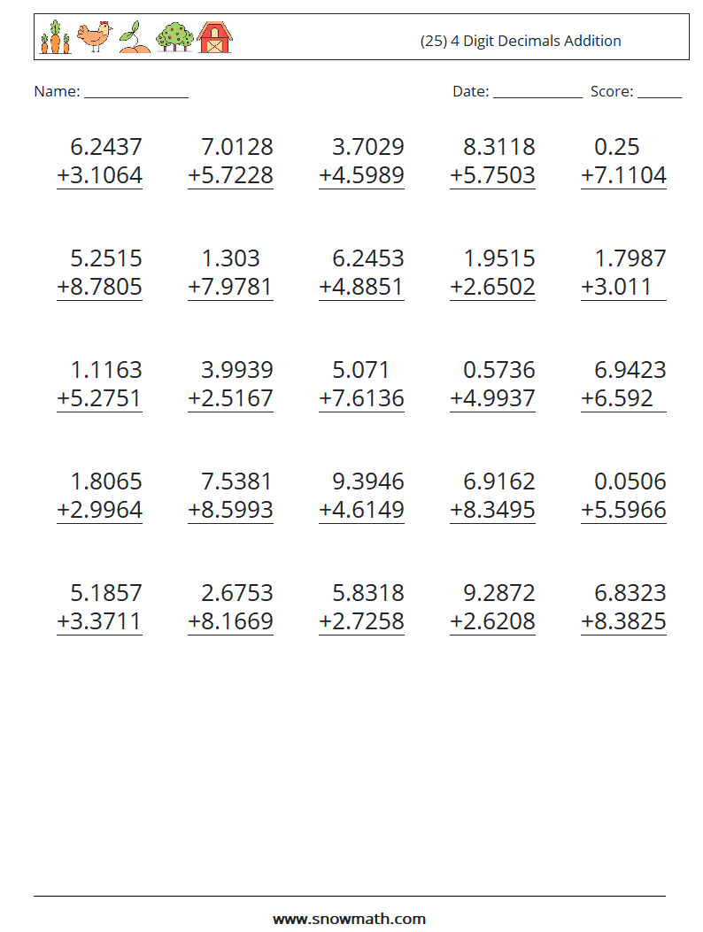 (25) 4 Digit Decimals Addition Maths Worksheets 5