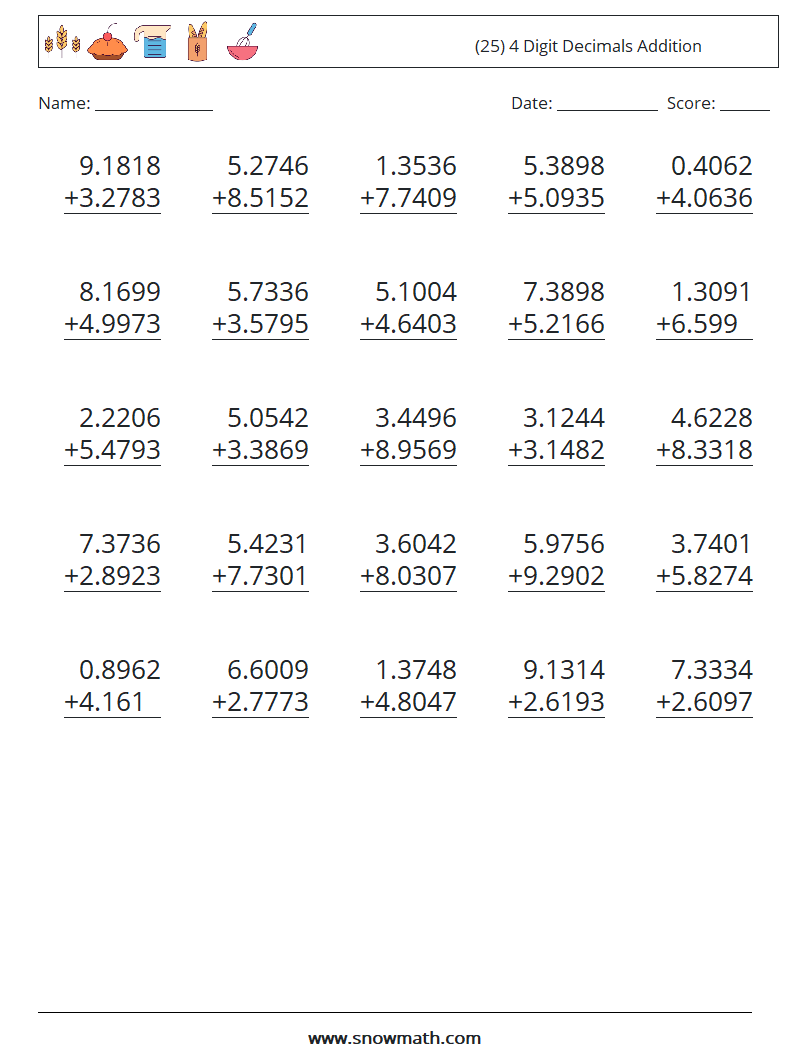 (25) 4 Digit Decimals Addition Maths Worksheets 8