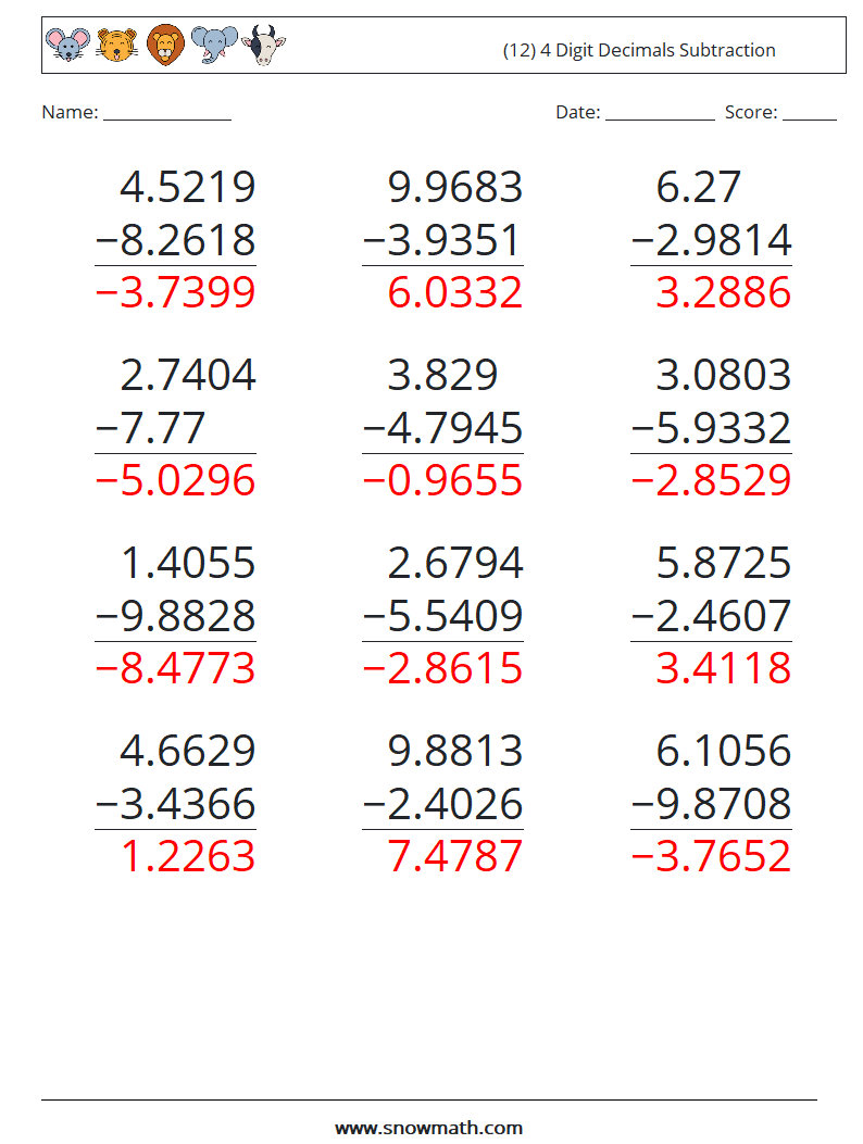 (12) 4 Digit Decimals Subtraction Maths Worksheets 12 Question, Answer