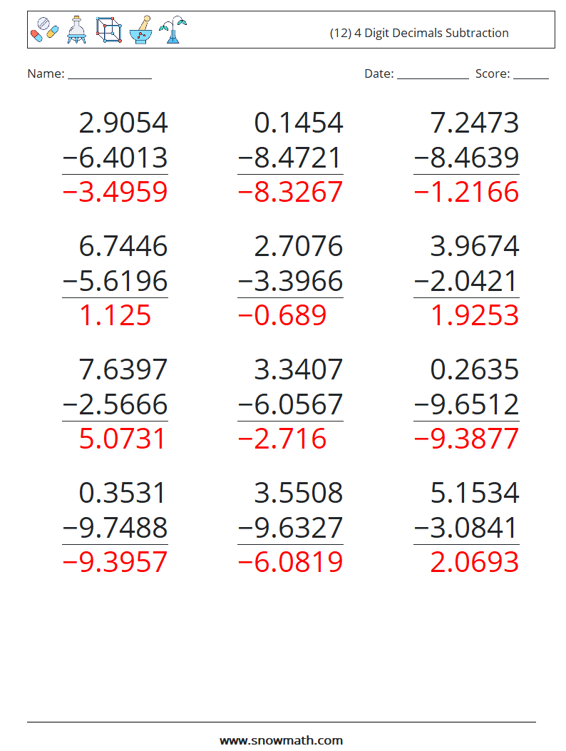 (12) 4 Digit Decimals Subtraction Maths Worksheets 13 Question, Answer