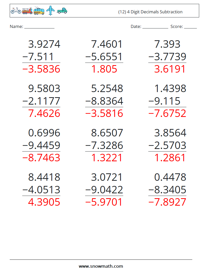 (12) 4 Digit Decimals Subtraction Maths Worksheets 14 Question, Answer