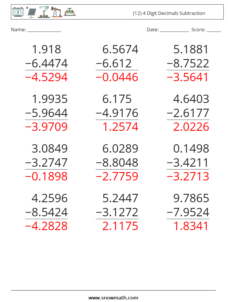 (12) 4 Digit Decimals Subtraction Maths Worksheets 15 Question, Answer