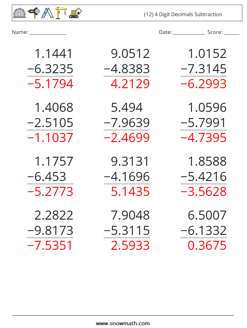 (12) 4 Digit Decimals Subtraction Maths Worksheets 18 Question, Answer