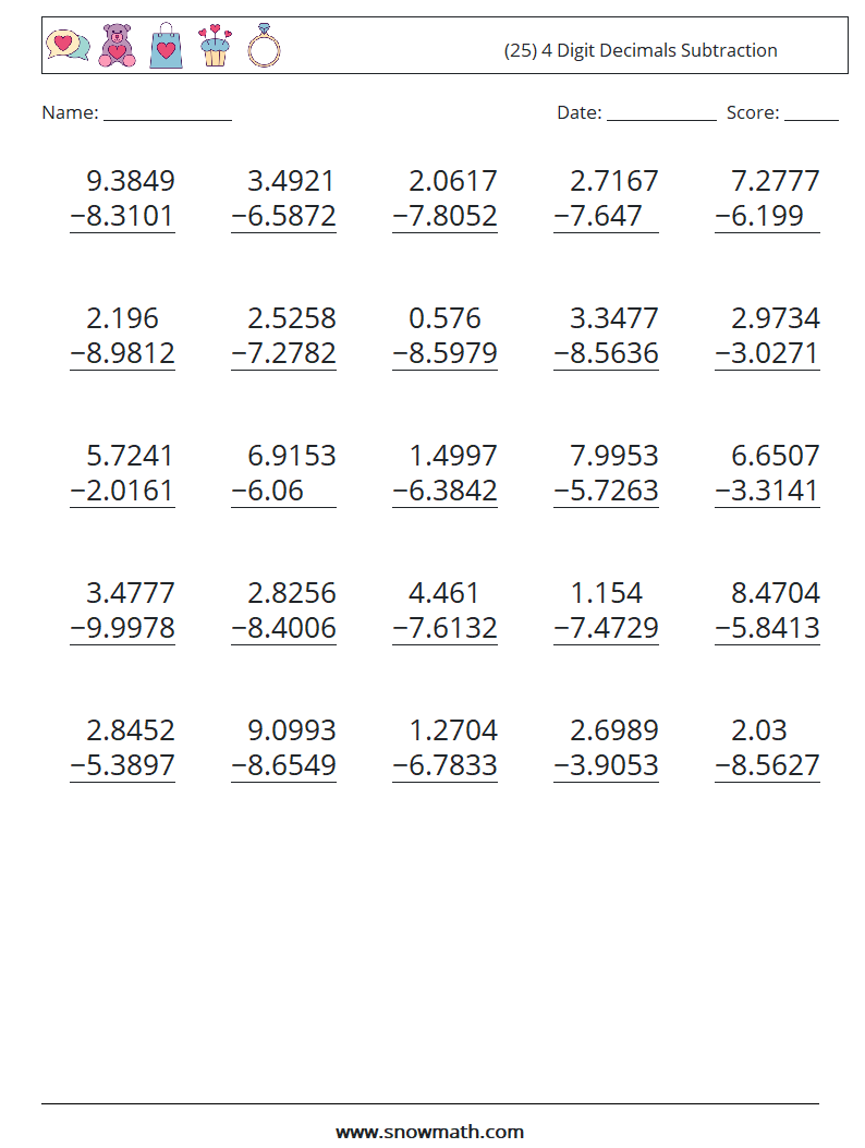 (25) 4 Digit Decimals Subtraction Maths Worksheets 10