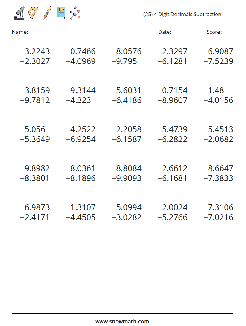 (25) 4 Digit Decimals Subtraction Maths Worksheets 11