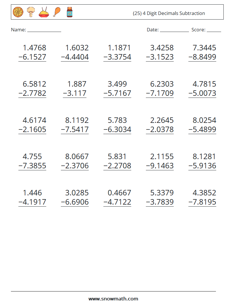 (25) 4 Digit Decimals Subtraction Maths Worksheets 14