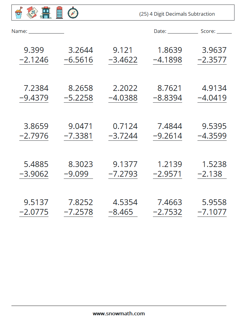 (25) 4 Digit Decimals Subtraction Maths Worksheets 16