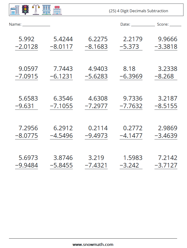 (25) 4 Digit Decimals Subtraction Maths Worksheets 18