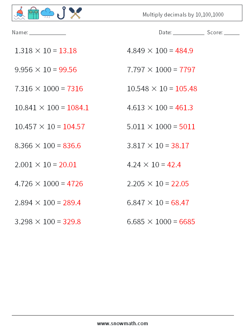 Multiply decimals by 10,100,1000 Maths Worksheets 10 Question, Answer