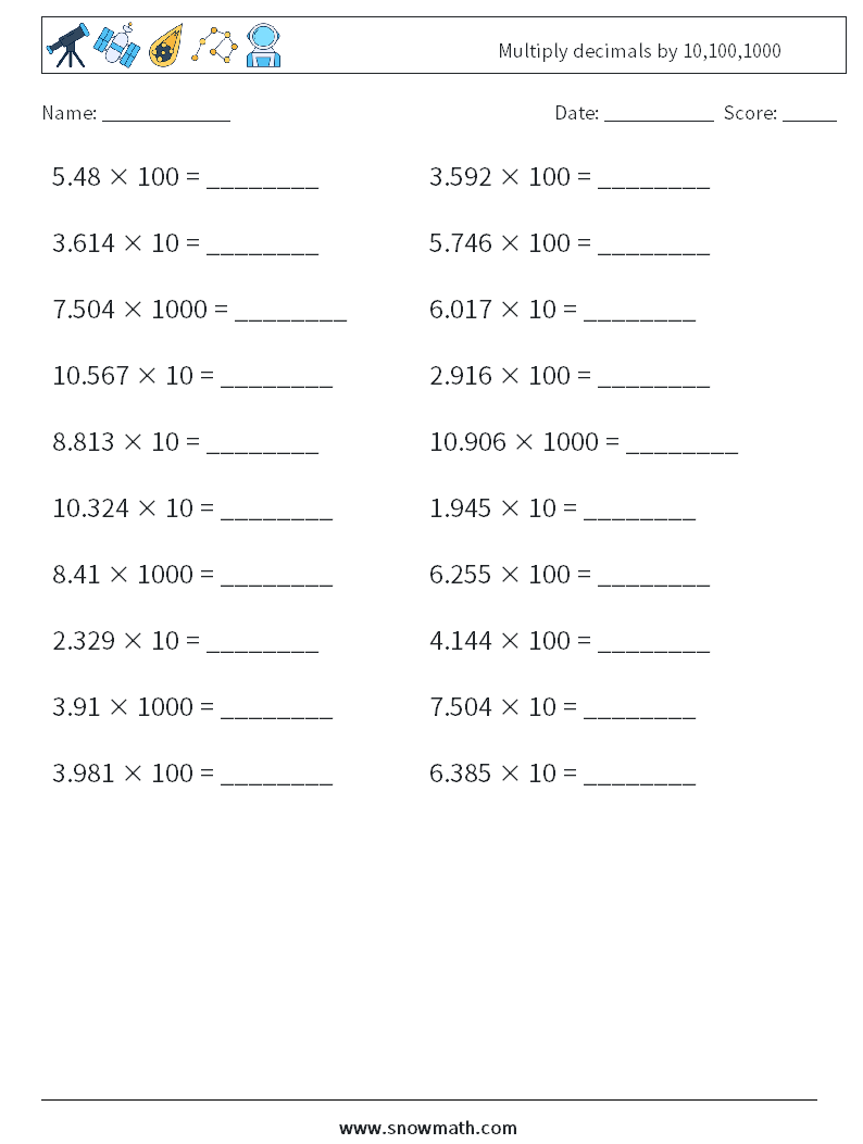 Multiply decimals by 10,100,1000 Maths Worksheets 11