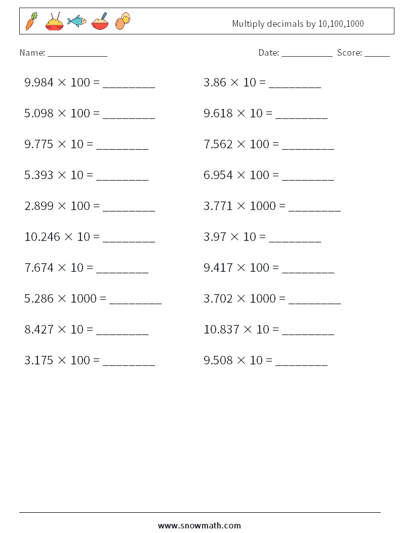 Multiply decimals by 10,100,1000 Maths Worksheets 12