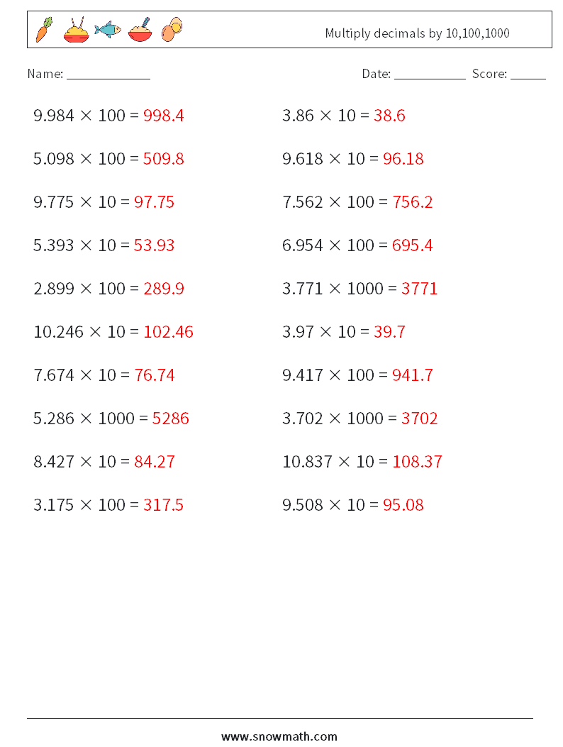 Multiply decimals by 10,100,1000 Maths Worksheets 12 Question, Answer
